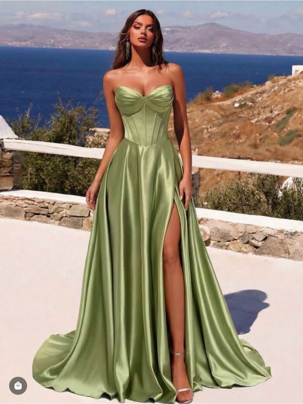 Strapless A Line Satin Corset Evening Gown in Sage Green